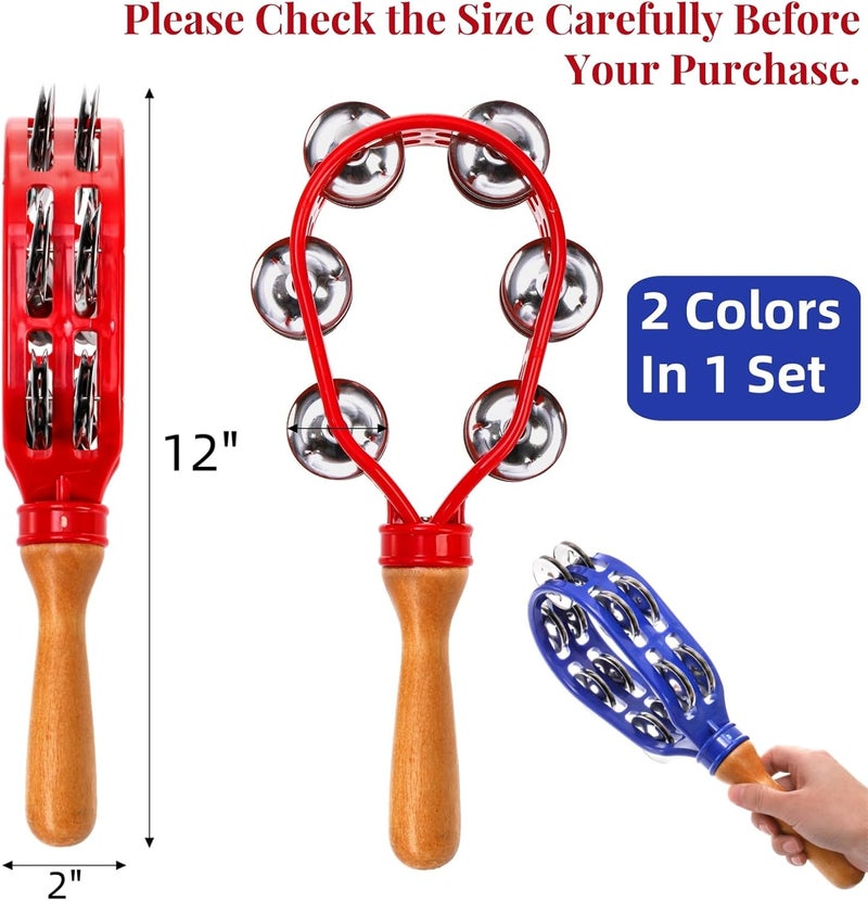 Eorbow 2 Pack 12" Tambourine for Adults, Double Row Metal Jingles Hand Held Tambourine, Plastic Wooden Hand Percussion Instrument, Musical Bells for School Party Church Concerts - Image 2